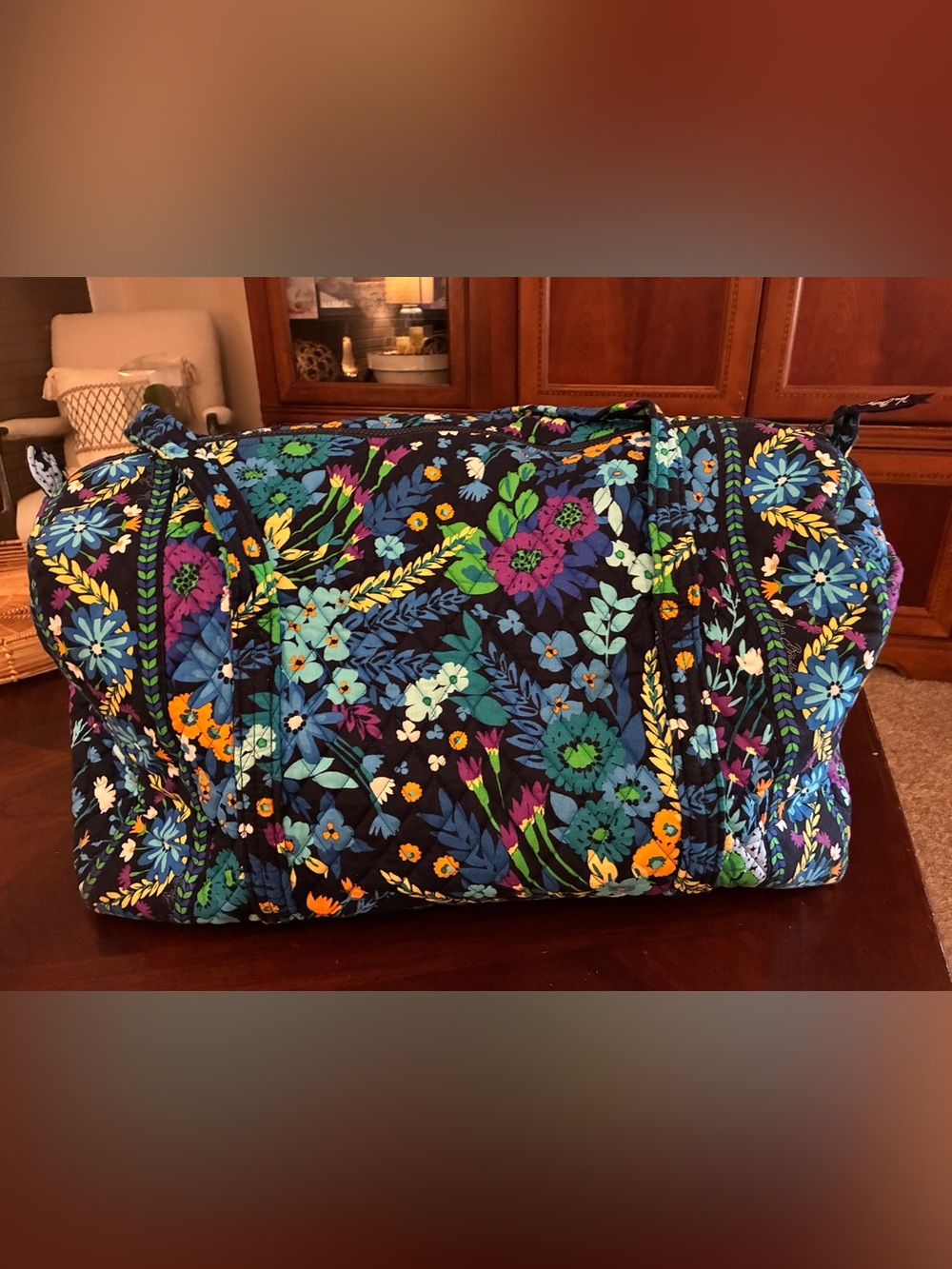 Vera Bradley Large Quilted Floral Weekender Duffel Travel Bag Black Blue
